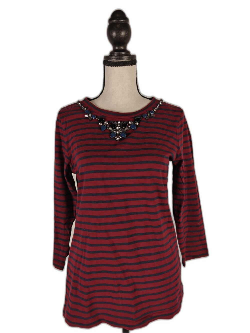Women’s, J.Crew, Jeweled-Neck Striped 3/4-Sleeve Top, Burgundy/Navy, Small